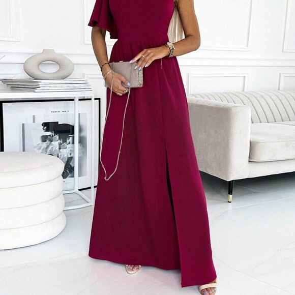 Hot Pink Preppy Womens One Shoulder Split Thigh Dress - Picture 4 of 5